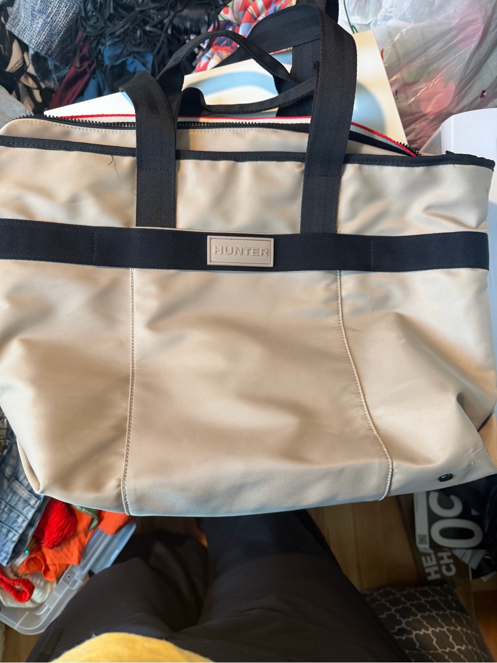 Hunter Large Beige & Black Nylon Tote Bag Zip Top Travel Work Bag